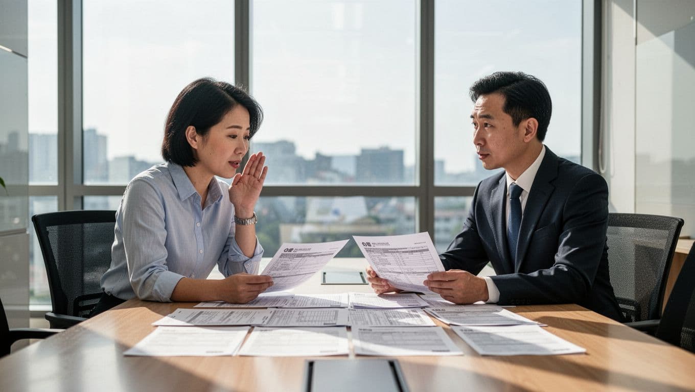 A Taiwanese small-to-medium enterprise boss and accountant discuss tax documents in a brightly lit meeting room, with files neatly arranged on the table and the boss nodding attentively. The scene captures a professional, trusting interaction emphasizing clear communication.
