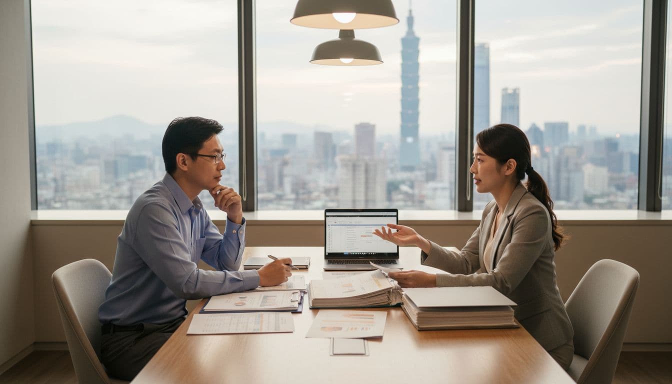 Male business owner and female accountant converse naturally over documents and laptop in meeting room with Taipei skyline view.