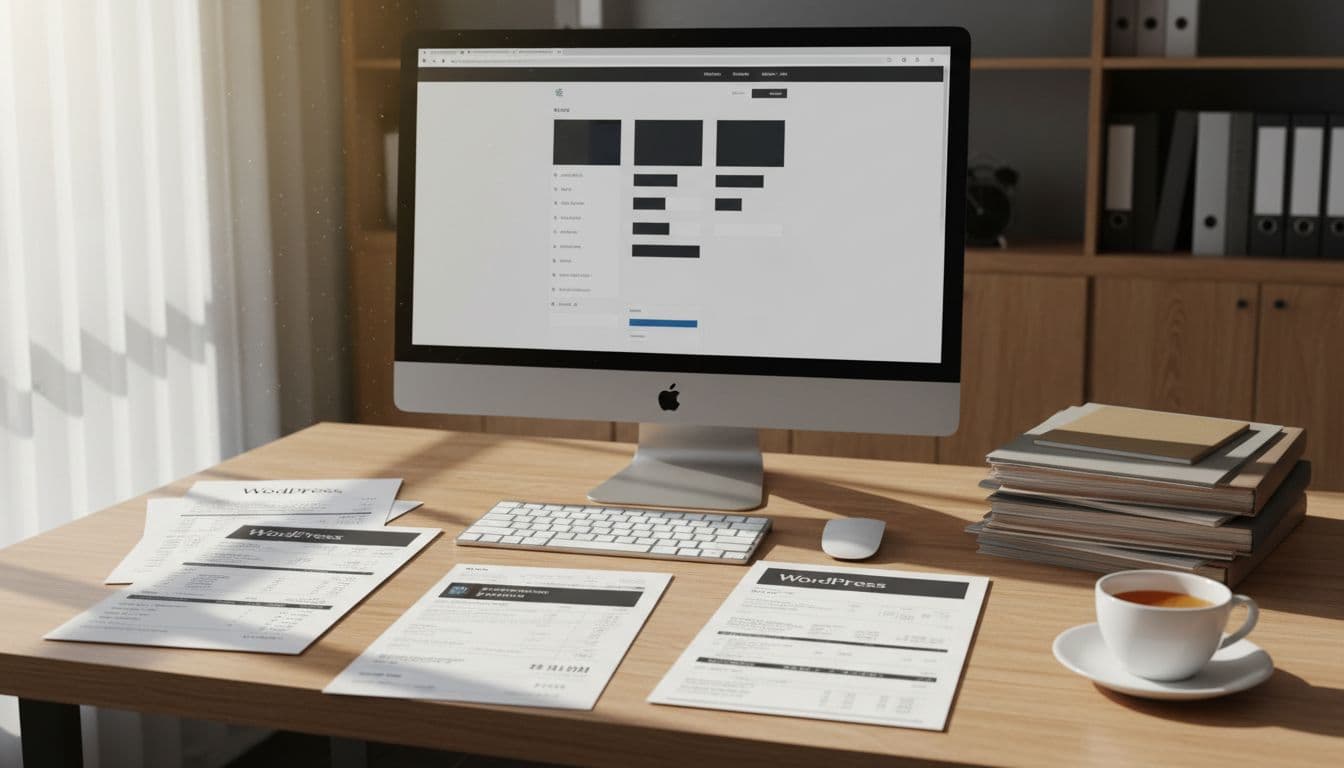 Office desk with scattered WordPress invoices, receipts, computer screen showing simple backend, document stack, and coffee cup.