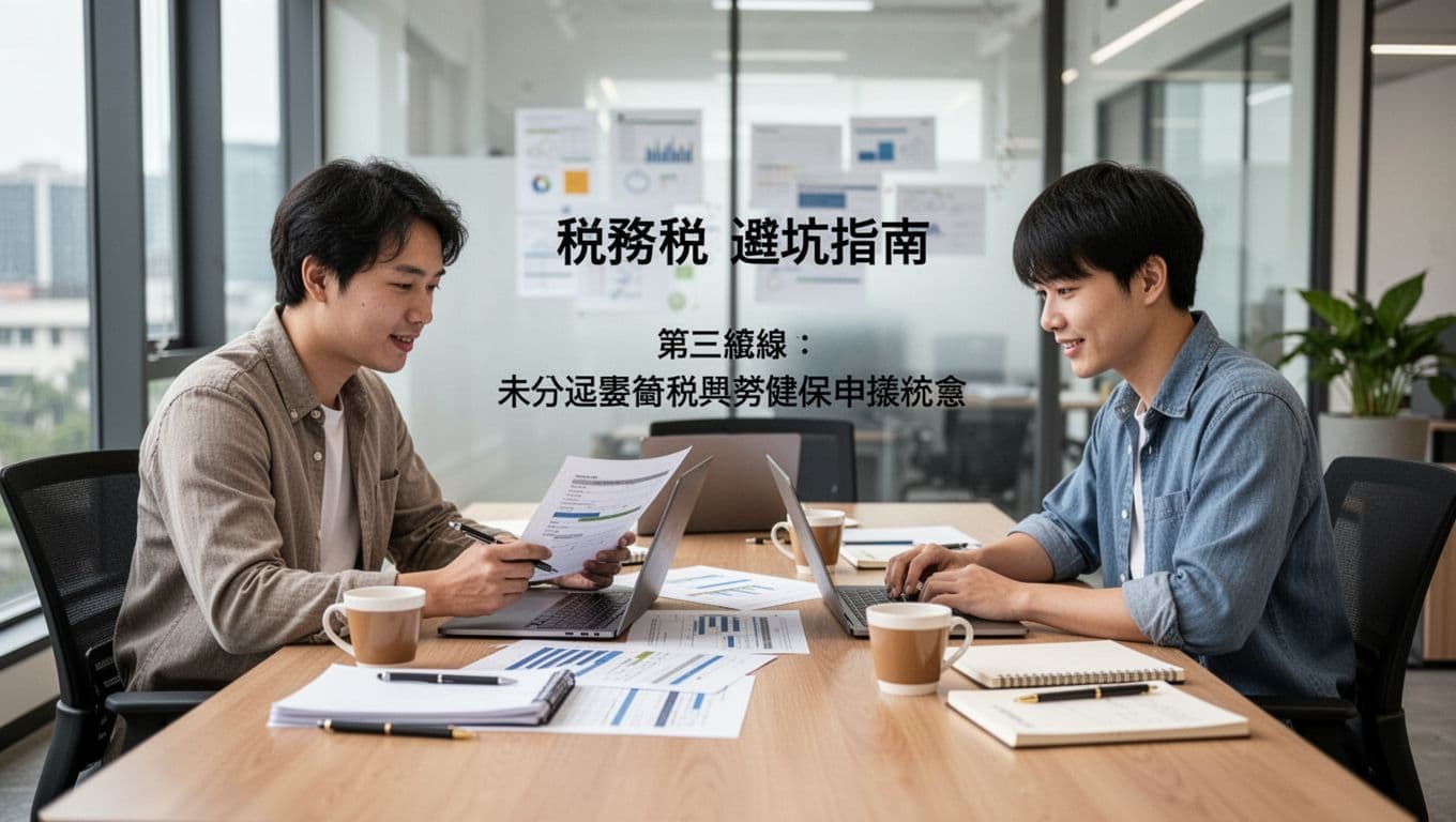 2026年創業稅務三大紅線 從公司登記到申報的實用避坑法 Two relaxed entrepreneurs from a Taiwanese startup team review documents and a laptop at a modern office meeting table with coffee and notes, in realistic style under soft natural light.