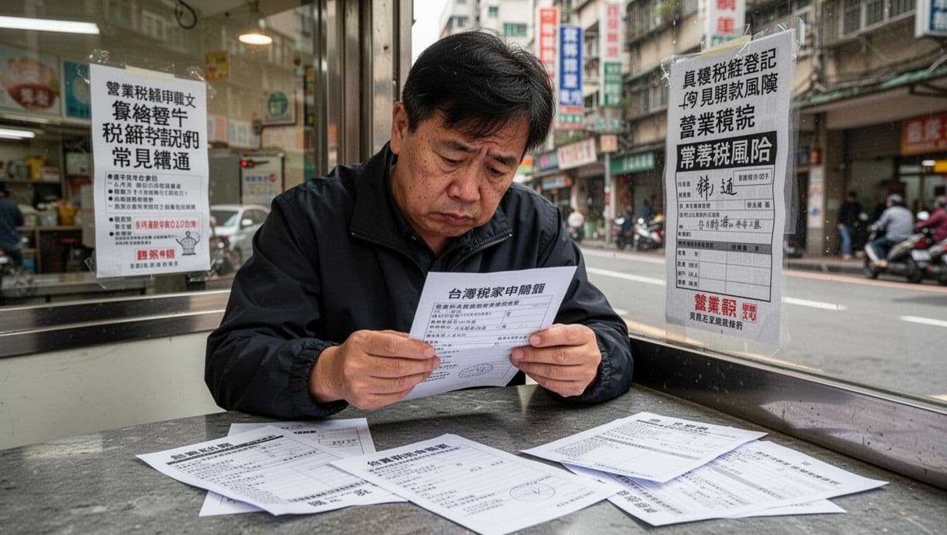 A frustrated Taiwanese shop owner stands at his store entrance with a penalty ticket posted on the door, holding a fine notice while business tax documents scatter around on the urban street, illustrating the risks of ignoring tax registration.
