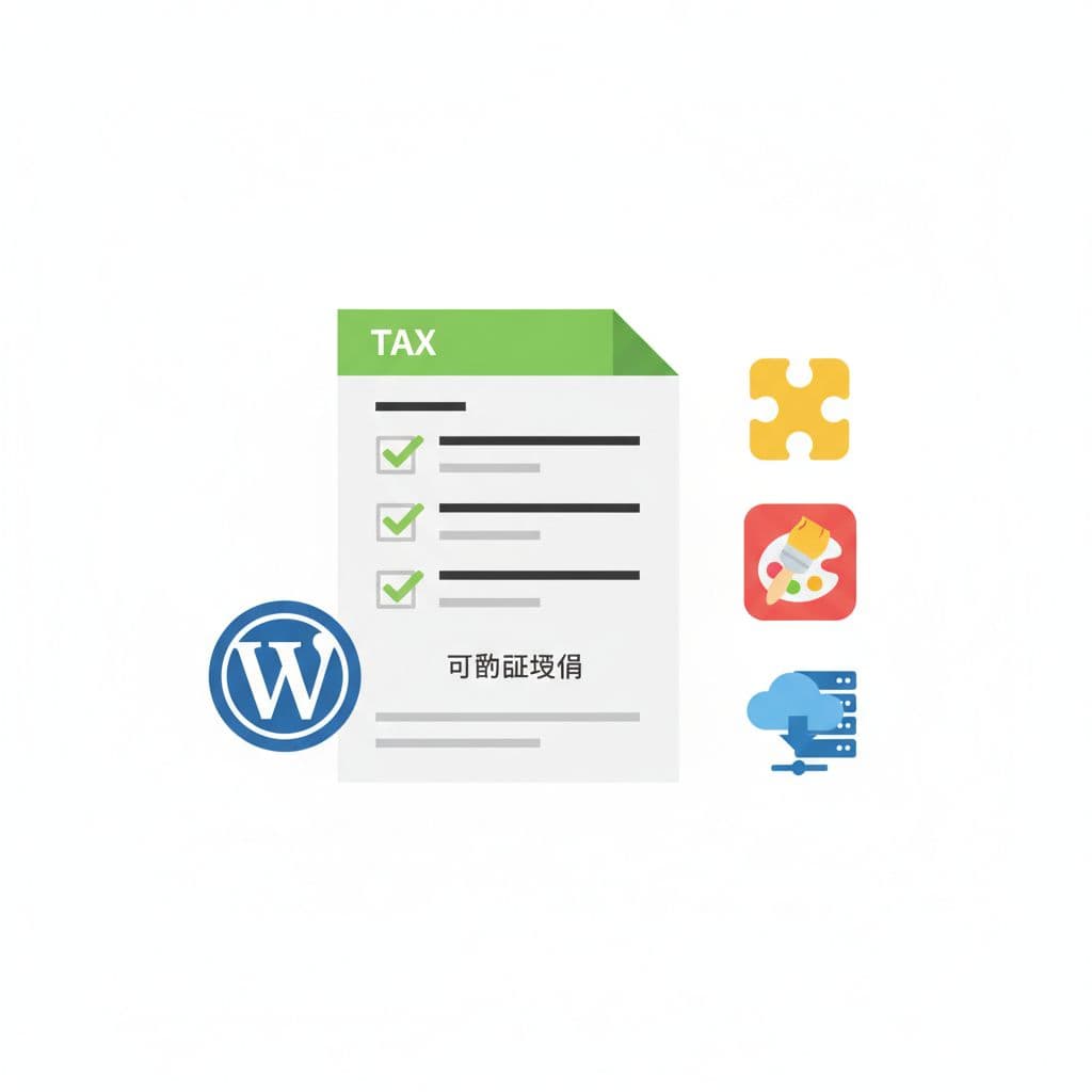 Flat icons of Taiwanese tax form with green checkmarks beside WordPress plugin, theme, and hosting symbols on white background.