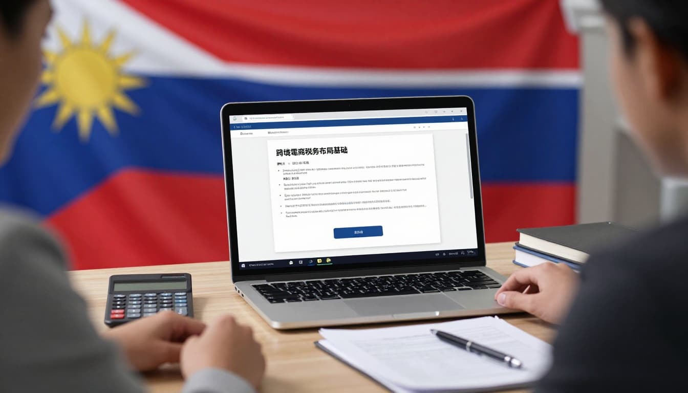 Office desk with spread tax documents, calculator, and laptop showing tax software, Taiwan flag background, professional hands on desk edge, realistic style, soft lighting.