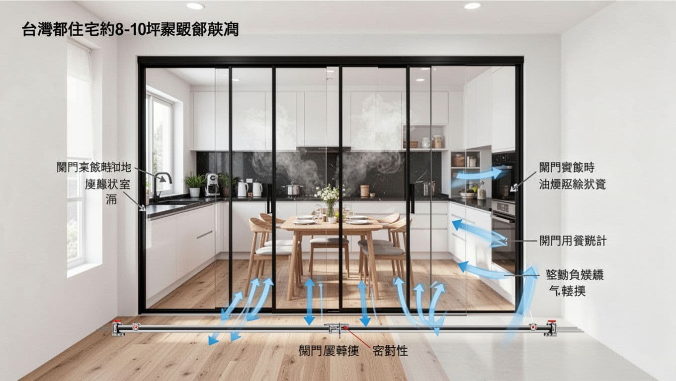 3D軸測圖展示台灣都會住宅約8-10坪半開放式廚房空間，乾淨室內設計風格，包括淺木地板、白色櫥櫃、黑色檯面及自然採光。玻璃拉門半開放設計，顯示關門阻隔油煙與開門用餐狀態轉換，並標示軌道、密封性與氣流箭頭，使用繁體中文註解。