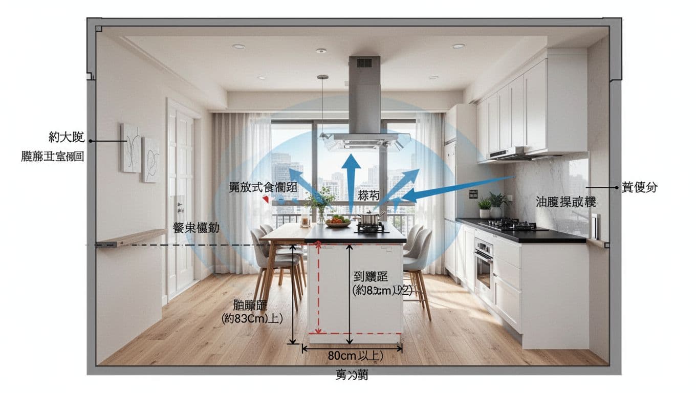台灣都會住宅約8-10坪開放式餐廚空間的3D剖面圖，採用乾淨室內設計風格，包含淺木地板、白色櫥櫃、黑色檯面及自然採光，中島優化配置與詳細標註。