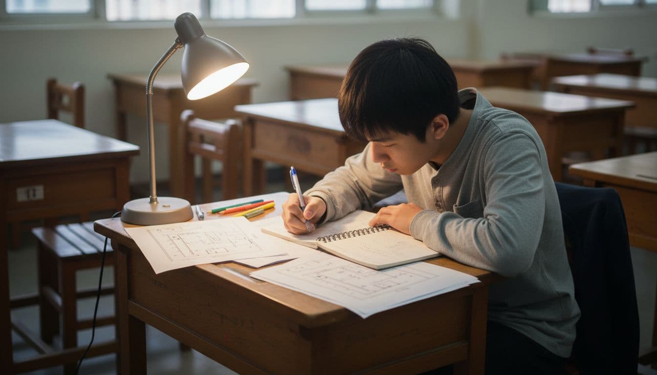 A focused candidate sits at a simple desk in a Taiwanese vocational exam room, writing notes in a notebook with paper, pen, and circuit diagram nearby under soft lighting in a realistic photo style.