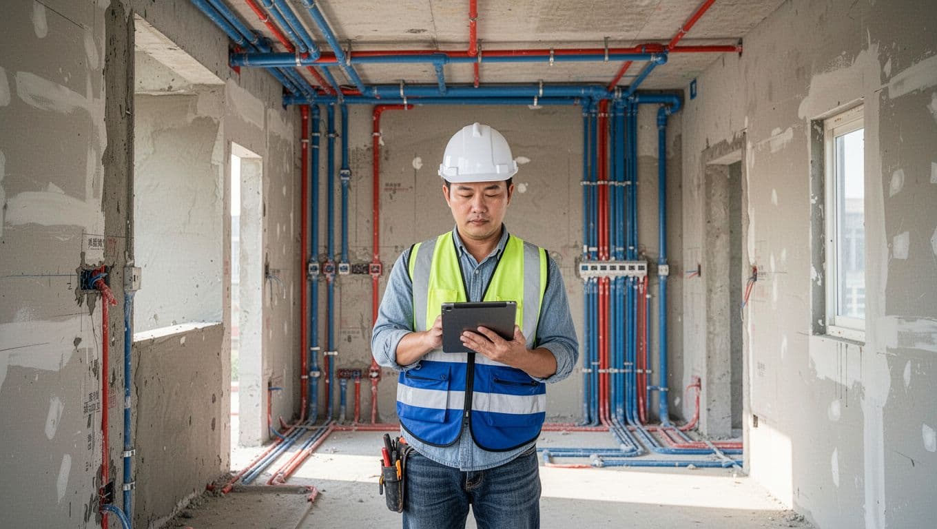 Worker holds tablet inspecting progress on clean Taiwan site with completed pipes and plaster walls.