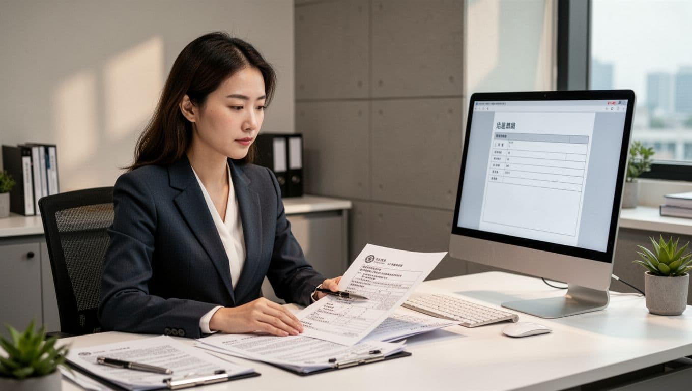 Professional Taiwanese female accountant at clean desk examines business registration documents and computer screen with forms.