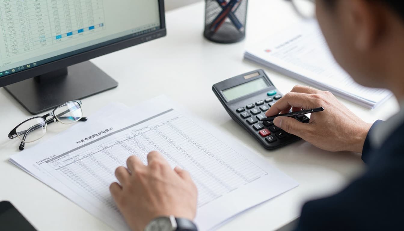 A middle-aged Taiwanese accountant in a bright office reviews a partnership profit and loss statement using a calculator and glasses, surrounded by stacked tax forms and a computer screen displaying charts, capturing a professional and focused atmosphere in realistic photography style with natural daylight.