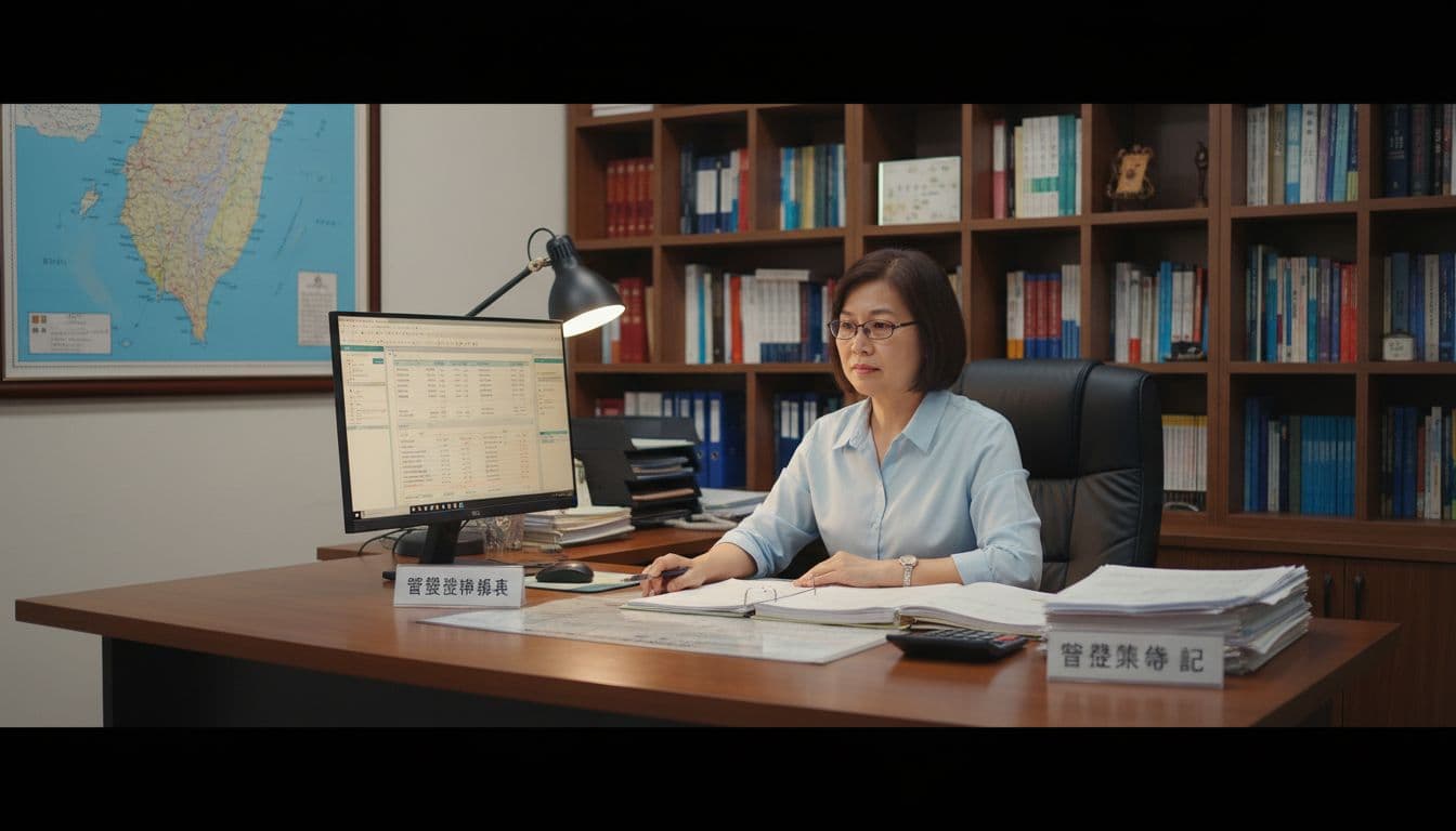 Accountant checks tax reports and calculator on desk with computer showing tax software, bookshelf and Taiwan map in background.