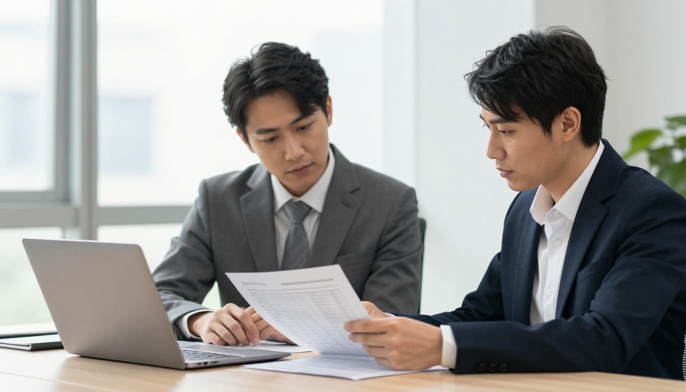 為什麼聰明的創業者都選委外記帳,不把時間耗在帳務系統上 Two professional Taiwanese accountants sit at a conference table in a modern clean office, calmly reviewing printed financial reports and a laptop with focused expressions under natural daylight.