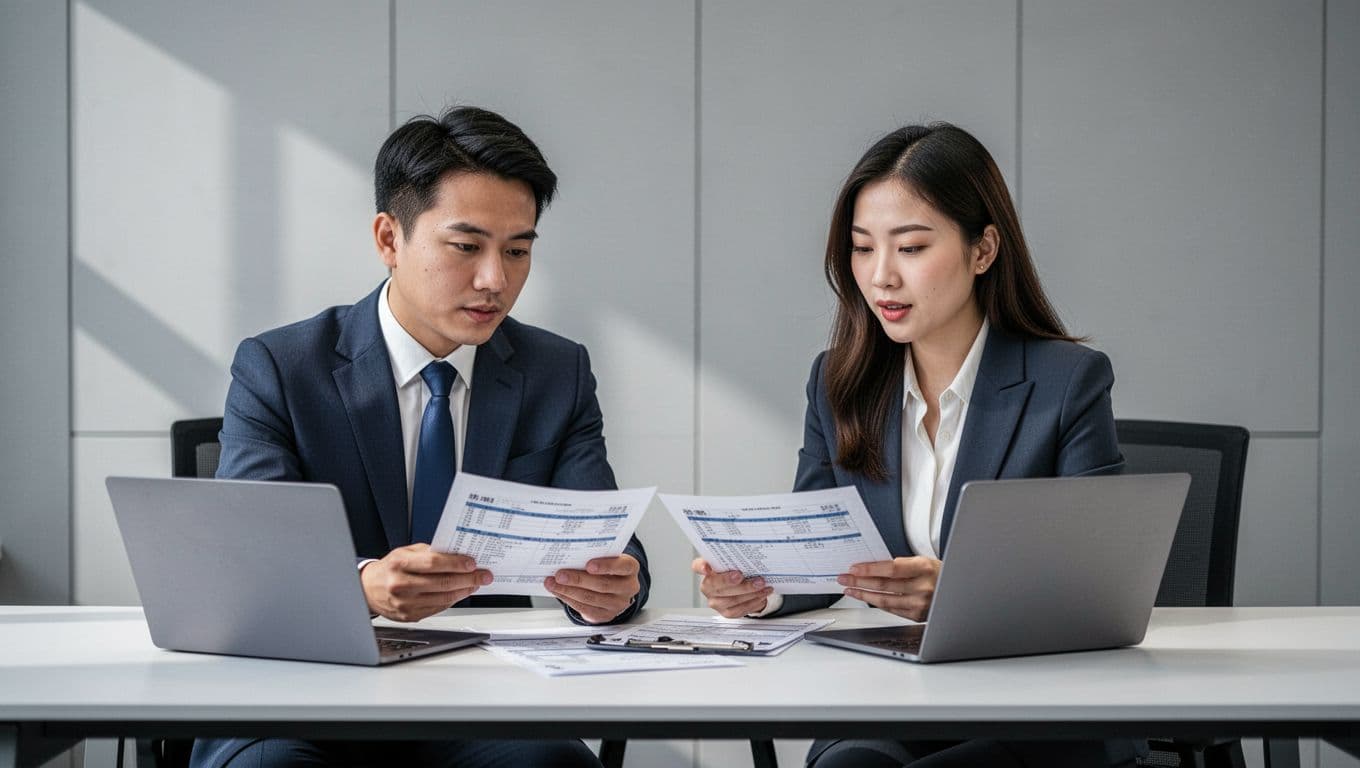 Two professional Taiwanese accountants, one man and one woman in business attire, discussing tax documents and laptops at a clean modern office table in Taipei, with collaborative focused expressions and soft professional lighting.