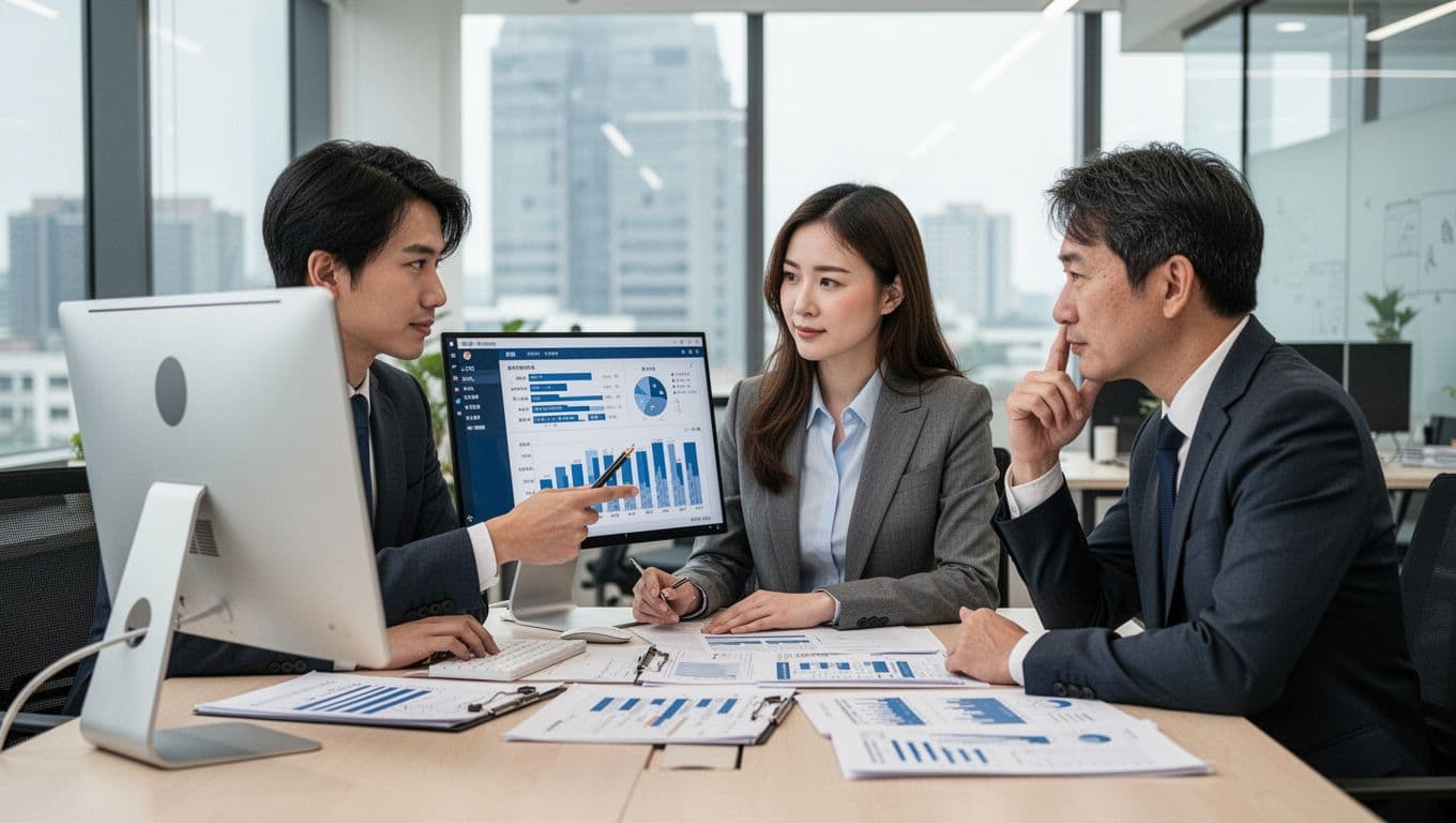 自己記帳還是委託事務所?中小企業效率、成本與風險一次看懂 In a modern office, a male and female accountant from a Taiwanese firm discuss financial reports with a business owner, one pointing at the screen as the owner nods approvingly in a collaborative atmosphere with natural light.