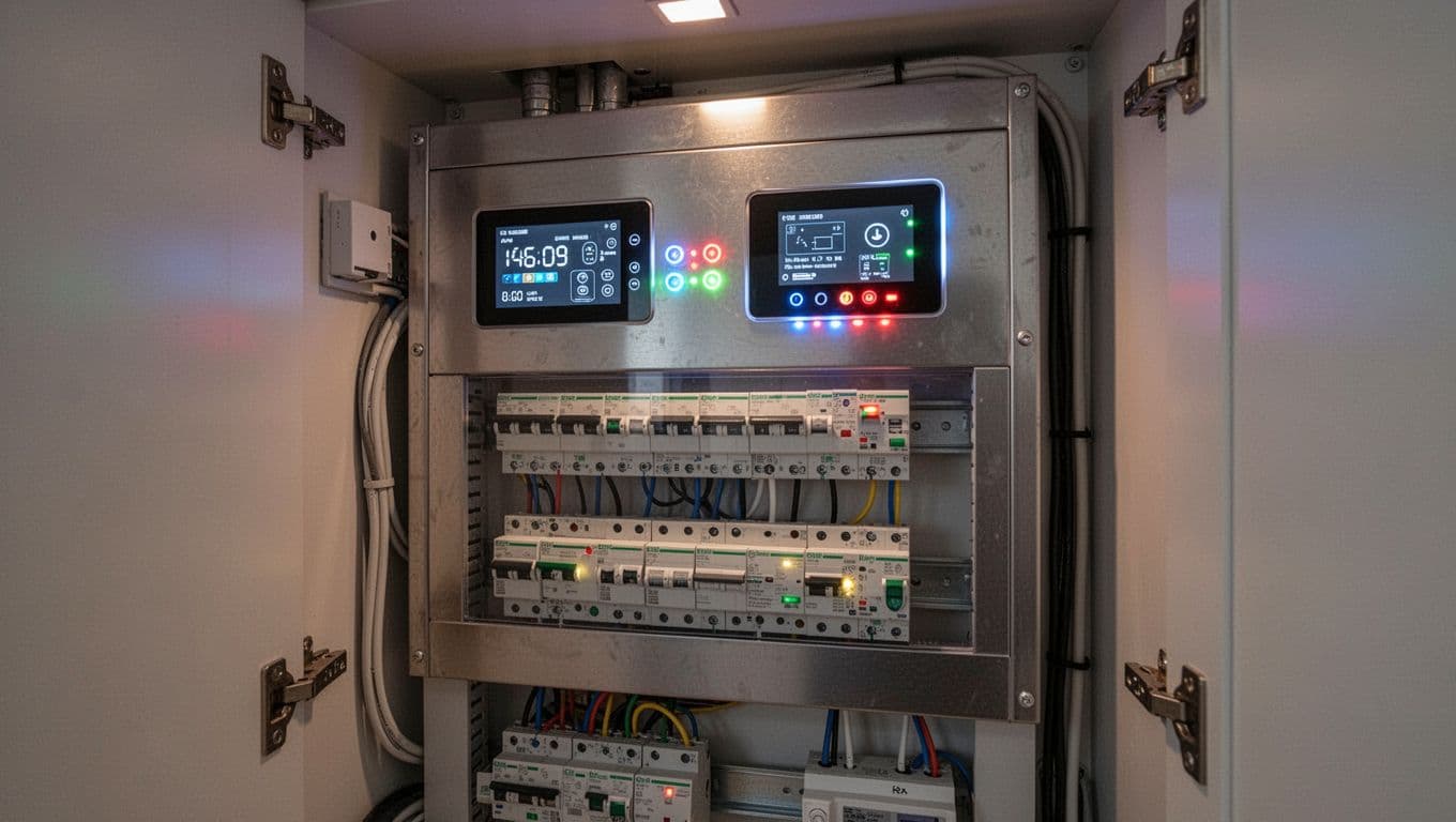 全屋淨水與智慧配電:高端居家裝潢的健康生活提案 Clean modern electrical panel in a Taiwanese apartment utility closet, featuring smart power distribution system with digital displays, Chinese-labeled circuit breakers, LED indicators, and organized wiring.