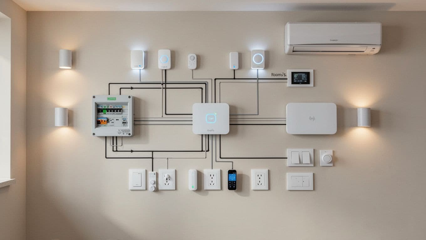 Schematic shows main panel, room sensors, switches connected to hub with icons for lights, outlets, AC.