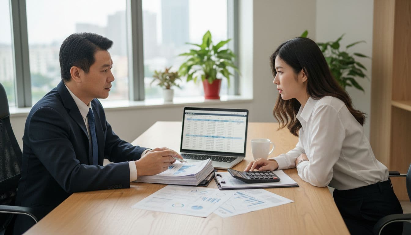 A professional Taiwanese office scene featuring a business owner and accountant reviewing printed documents and a laptop displaying salary grade tables for labor insurance and NHI, with focus on charts and numbers, natural lighting, desk with calculator and coffee mug.
