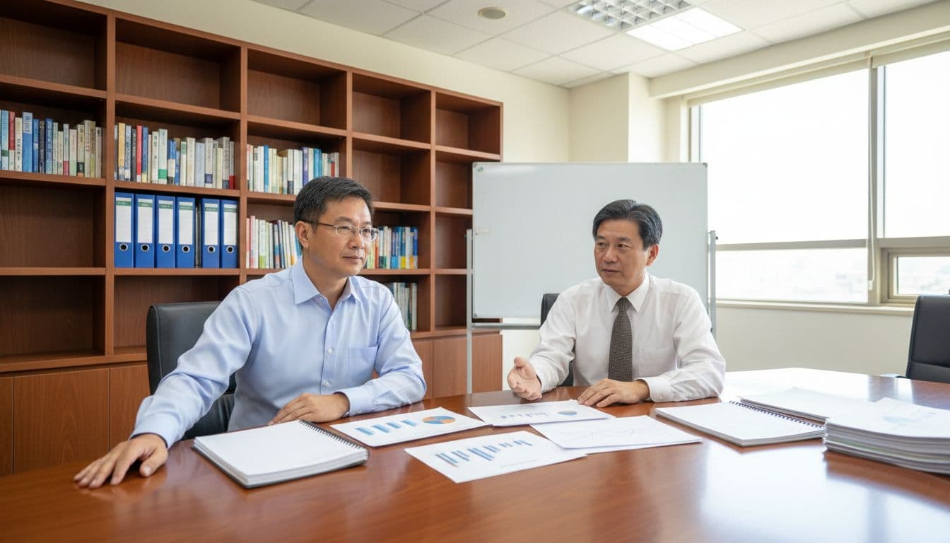 Middle-aged Taiwanese entrepreneur and accountant in a conference room discussing tax-saving strategies, with documents, charts, and notebooks on the table, bookshelves and whiteboard in background, bright office lighting, realistic style.