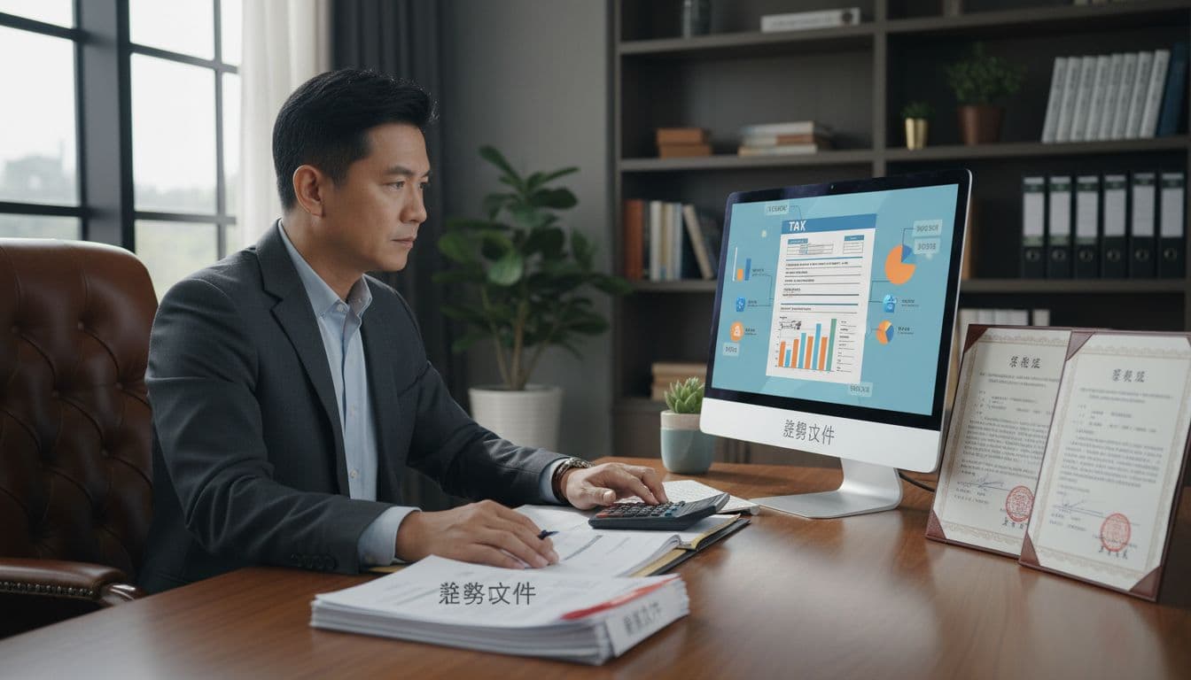 Taiwanese entrepreneur at desk views tax documents and computer screen with tax table, calculator and registration papers nearby.