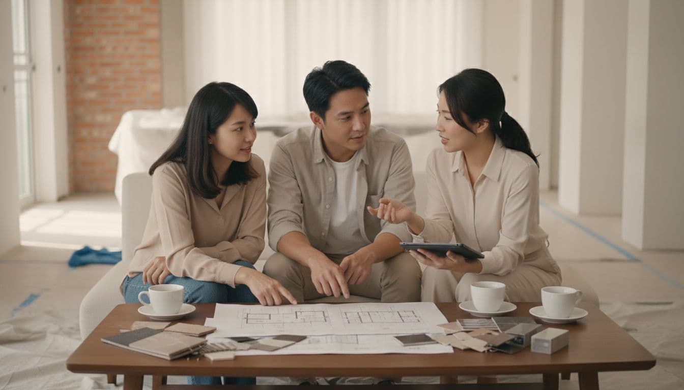 A Taiwanese couple in their 30s meets with an interior designer in a bright living room to discuss old house renovation plans, with blueprints, material samples, and coffee on the table.