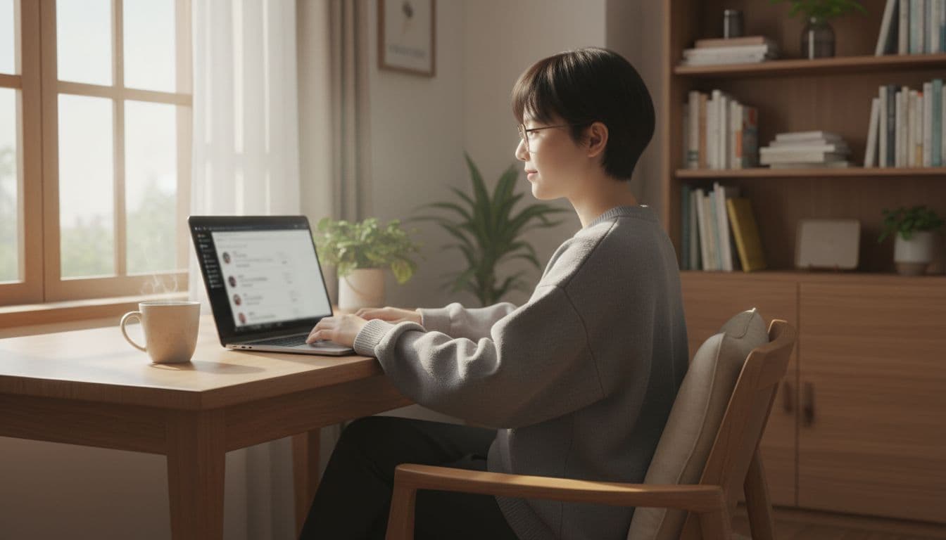 A Taiwanese content creator in a comfortable home office uses a laptop to view the blurred WordPress membership management interface, with a coffee cup on the desk and soft sunlight illuminating the natural realistic scene.