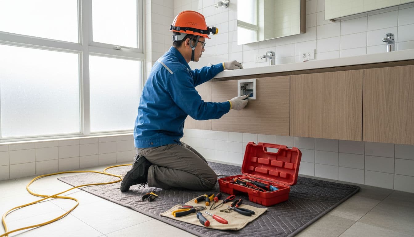 Taiwanese electrician installs emergency lights and socket protectors in bright home bathroom with neat tools.
