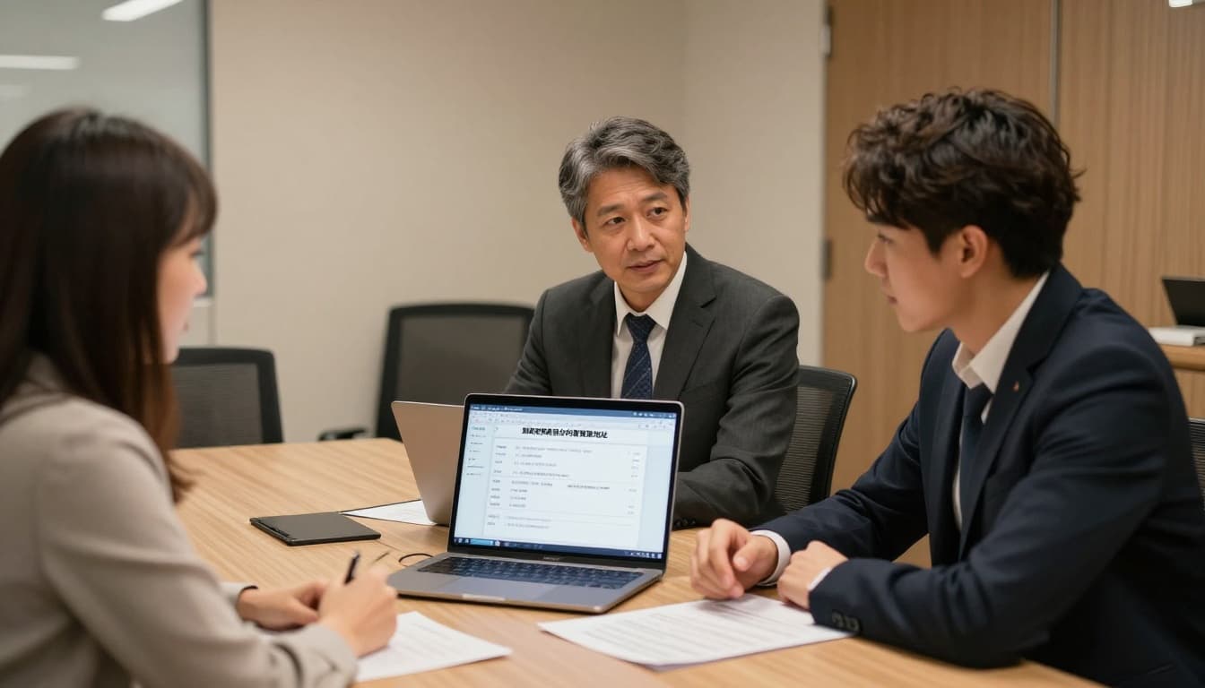 Taiwanese startup team in a modern conference room collaboratively discussing optimal business registration address choices, with documents and computer screens displaying options on the table, warm lighting, realistic style.