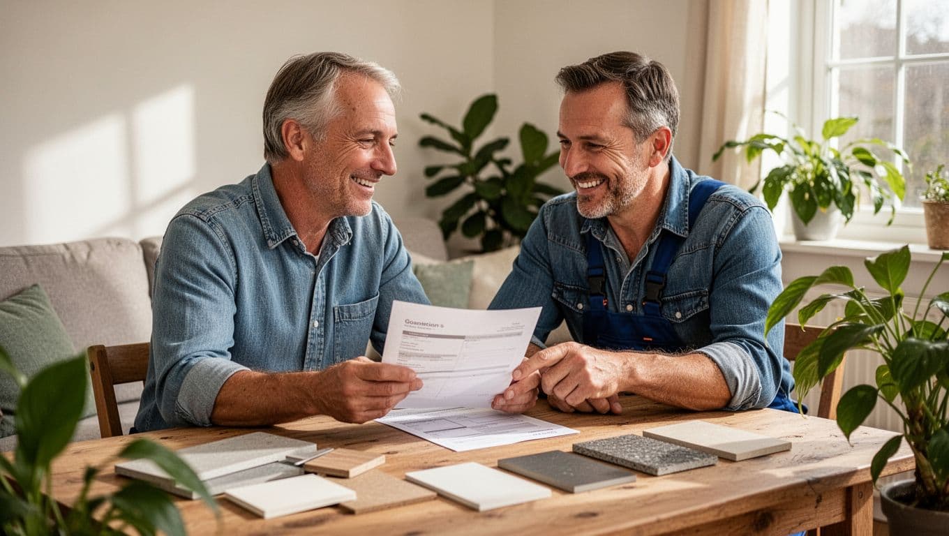 Middle-aged Taiwanese homeowner and contractor sit smiling at wooden table in bright living room, reviewing quotation with material samples.