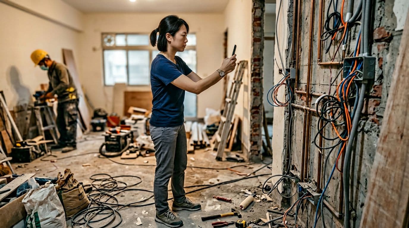 A Taiwanese woman homeowner holds her phone to capture the renovation progress in her old house living room, featuring exposed electrical wiring on walls and blurred workers in safety helmets in the background.