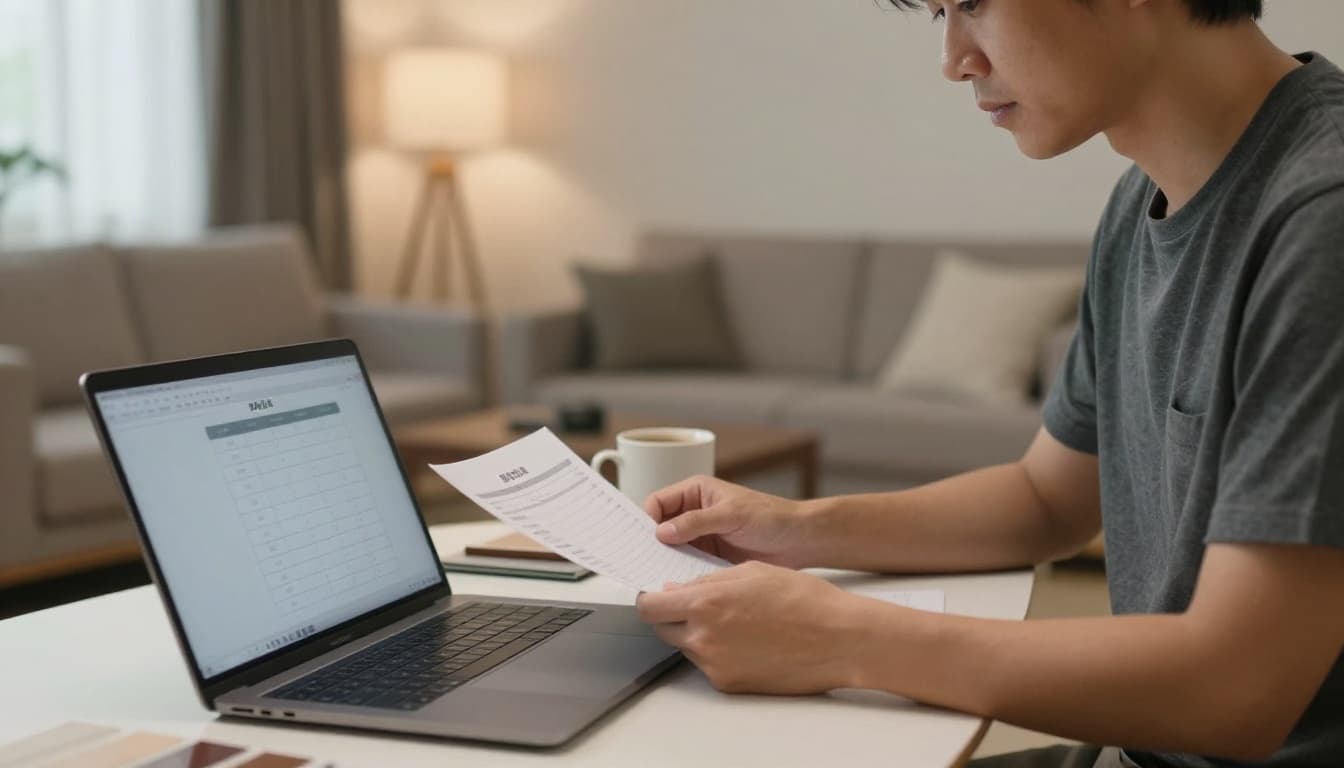 台灣屋主在家中桌前審閱裝修報價單與合約，旁邊有筆電與裝修樣本，氛圍溫暖專業。