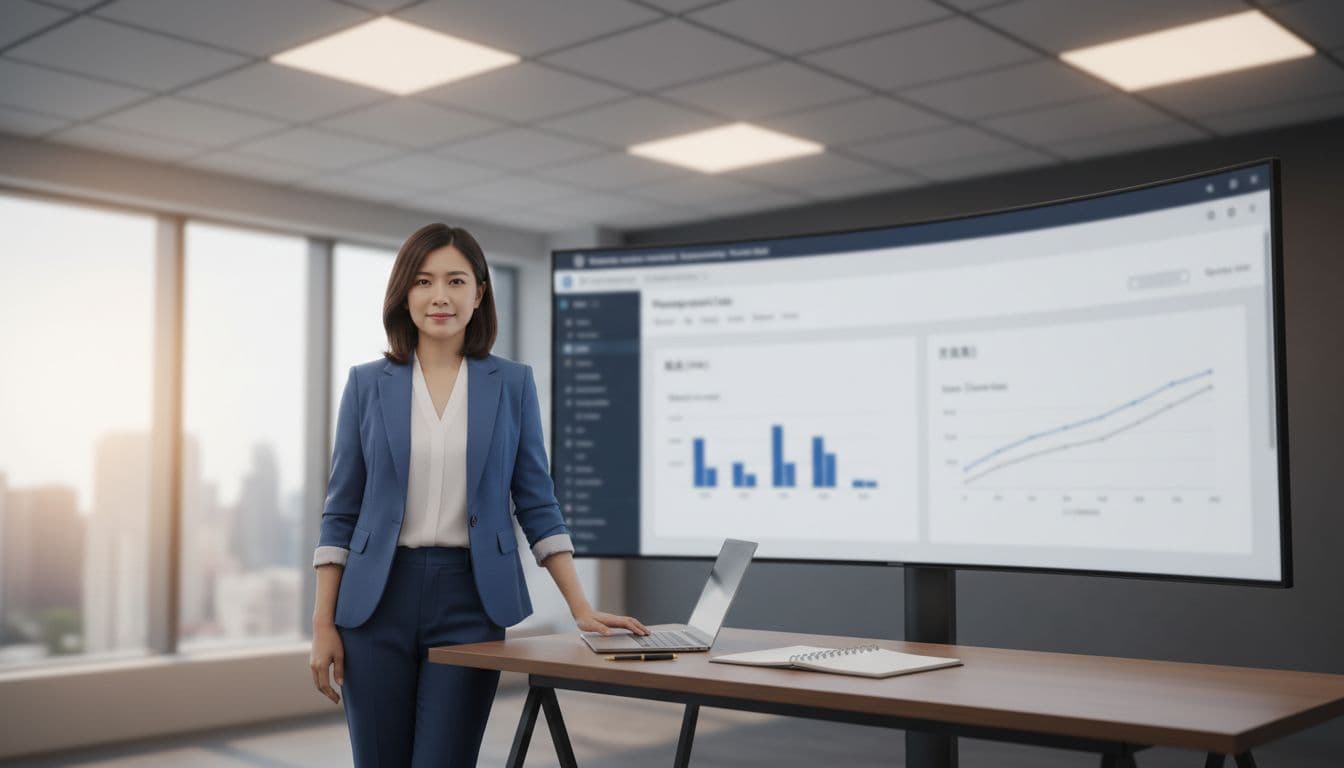 A Taiwanese lecturer in a modern office uses a large screen to view a WordPress membership data dashboard displaying blurred income and churn rate charts, with a laptop on the desk and hand resting nearby, under professional lighting in a realistic style.