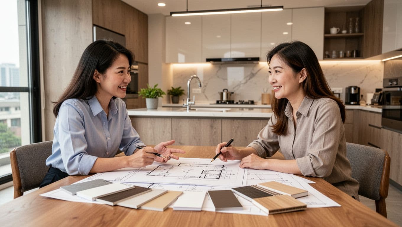 Taiwanese interior designer discussing kitchen renovation plans with homeowner at a table featuring blueprints and samples in a modern office with natural light and warm lighting.