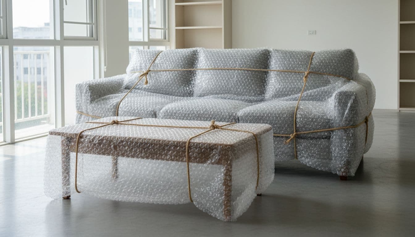 Bright realistic photo of a Taiwanese home living room with sofa chair and wooden table tightly wrapped in transparent plastic film, bubble wrap, and ropes, neatly placed dust-free under natural daylight, focusing on wrapping details.