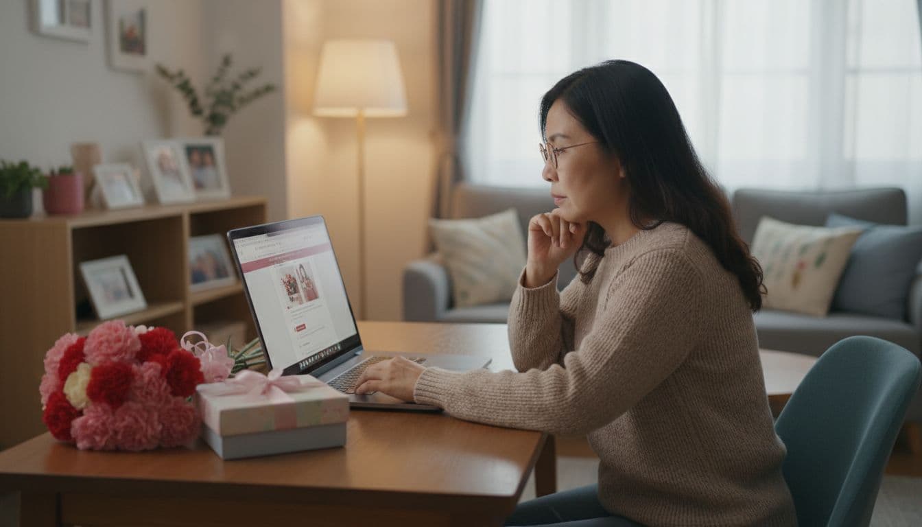 Taiwanese mom at computer views Mothers Day shopping cart with carnations and gift boxes on table in cozy living room.