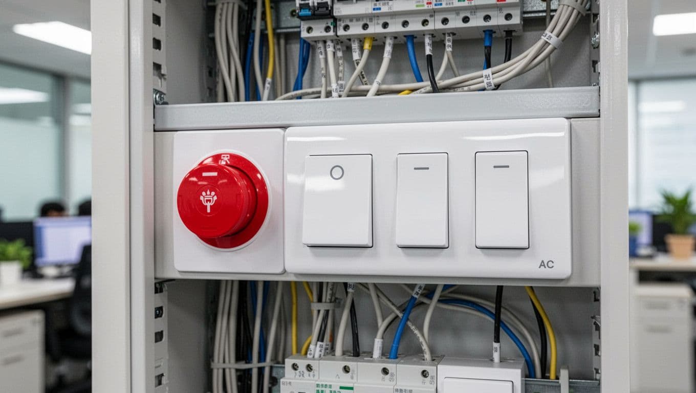 一鍵離場斷電怎麼做,讓老闆不再擔心冷氣沒關 Close-up of modern electrical switch panel with red one-key power off button next to light and AC switches, clean wiring in background.