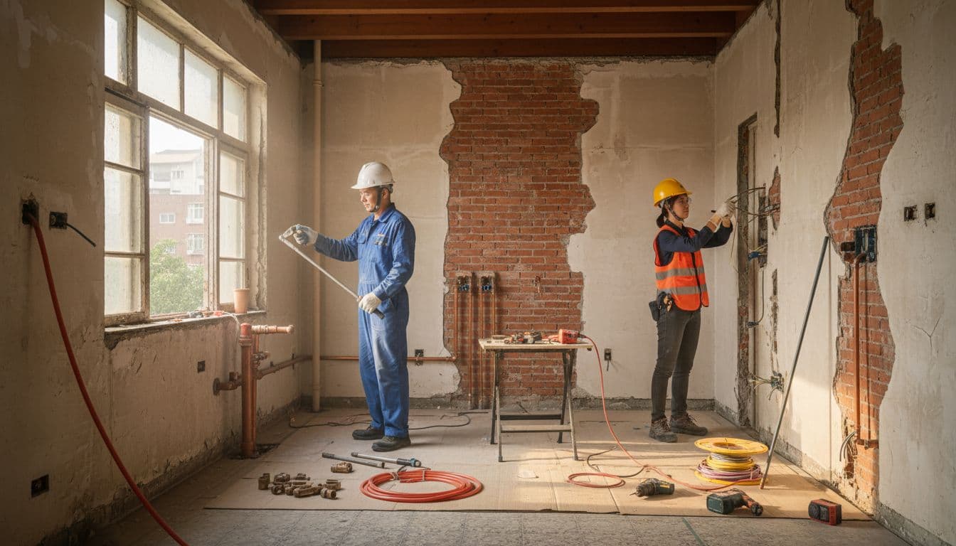 Interior of an old Taiwanese apartment during renovation, featuring one plumber and one electrician working together on pipe and wire installation after demolition, with partially open walls, scattered modern tools on protected floor, and soft afternoon light.
