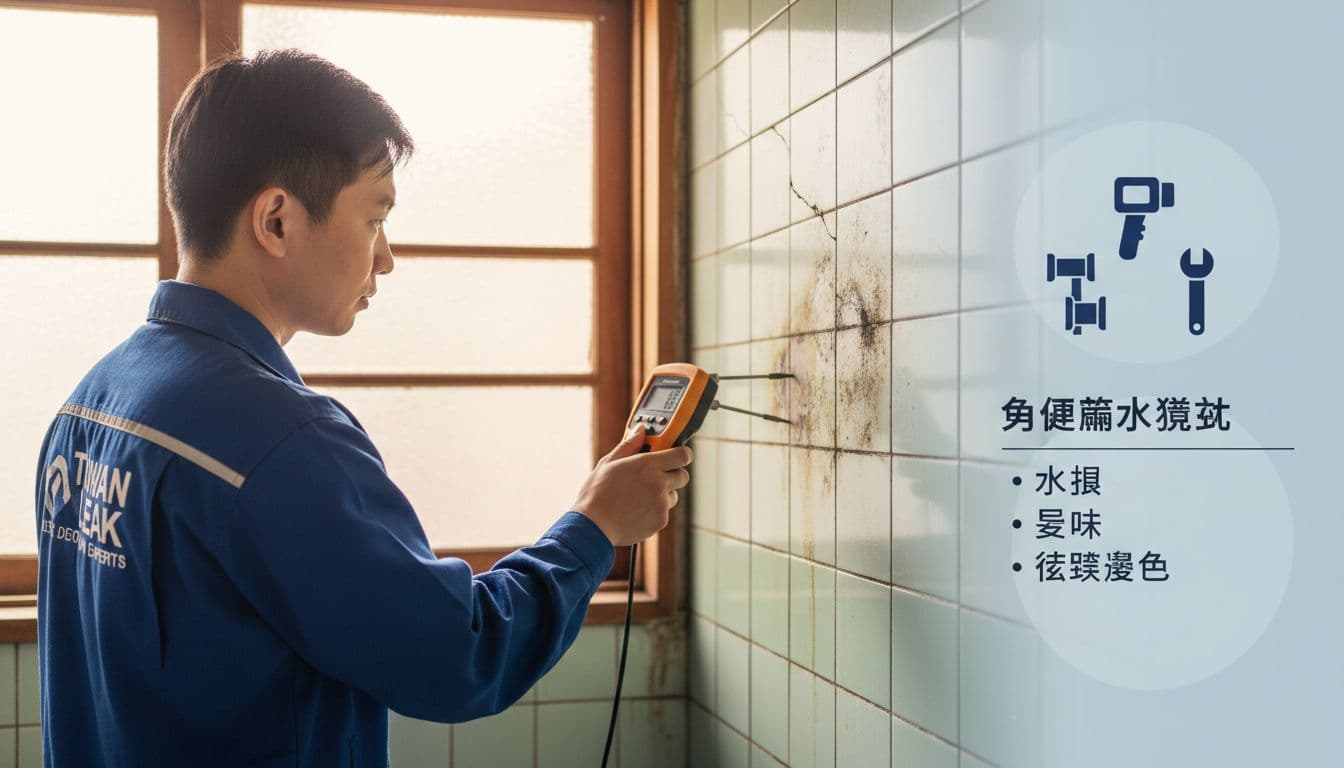 A professional technician in work attire uses a moisture meter to inspect water stains on walls in an aged Taiwanese house bathroom, featuring old tiles with mold traces, natural indoor light, and a serious professional atmosphere.