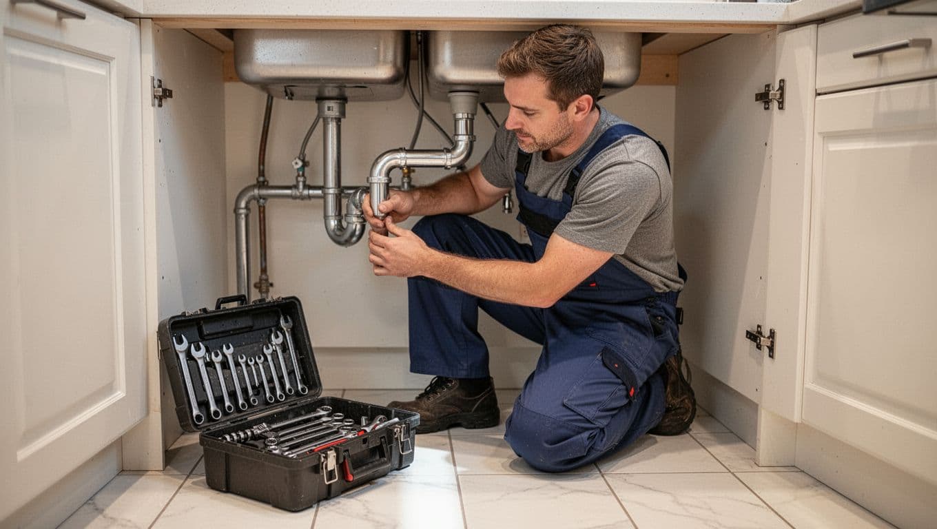 Taiwanese plumber in work clothes fixes water pipes under kitchen sink with open toolbox and wrenches nearby on clean tiled floor.