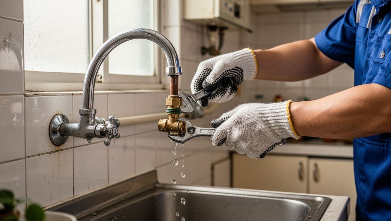 2026年居家水電檢查:預防跳電與火災風險指南 A professional plumber in a typical Taiwanese apartment uses a wrench to check the faucet and pipe connections for leaks in a kitchen or bathroom setting, with slight water droplets seeping out, realistic style under natural light.