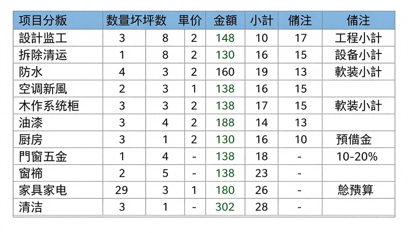 橫式16:9試算表風格資訊圖表，以繁體中文呈現裝修項目分類、數量坪數、單價、金額、小計及備註，包含設計監工至預備金等項目，並於右側顯示工程、設備、軟裝小計及總預算，使用2-3行示意數字示例，白底灰黑文字藍綠點綴，線條清晰無邊框。