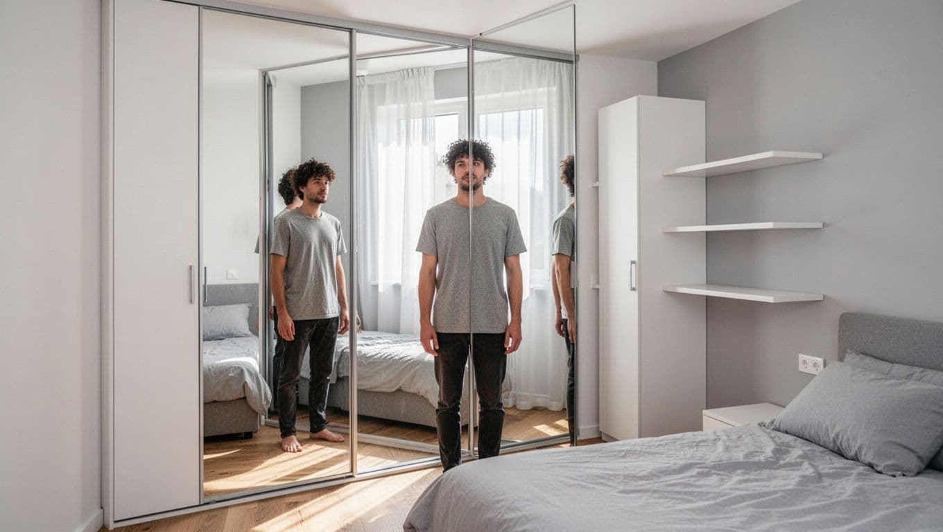 Bright Taiwanese small apartment bedroom with full-wall mirror reflecting window and bed to create infinite space illusion, in white and light gray tones with modern clean style. One person stands relaxed, wide composition shows slim wardrobe, floating shelves, and soft light from sheer curtains.