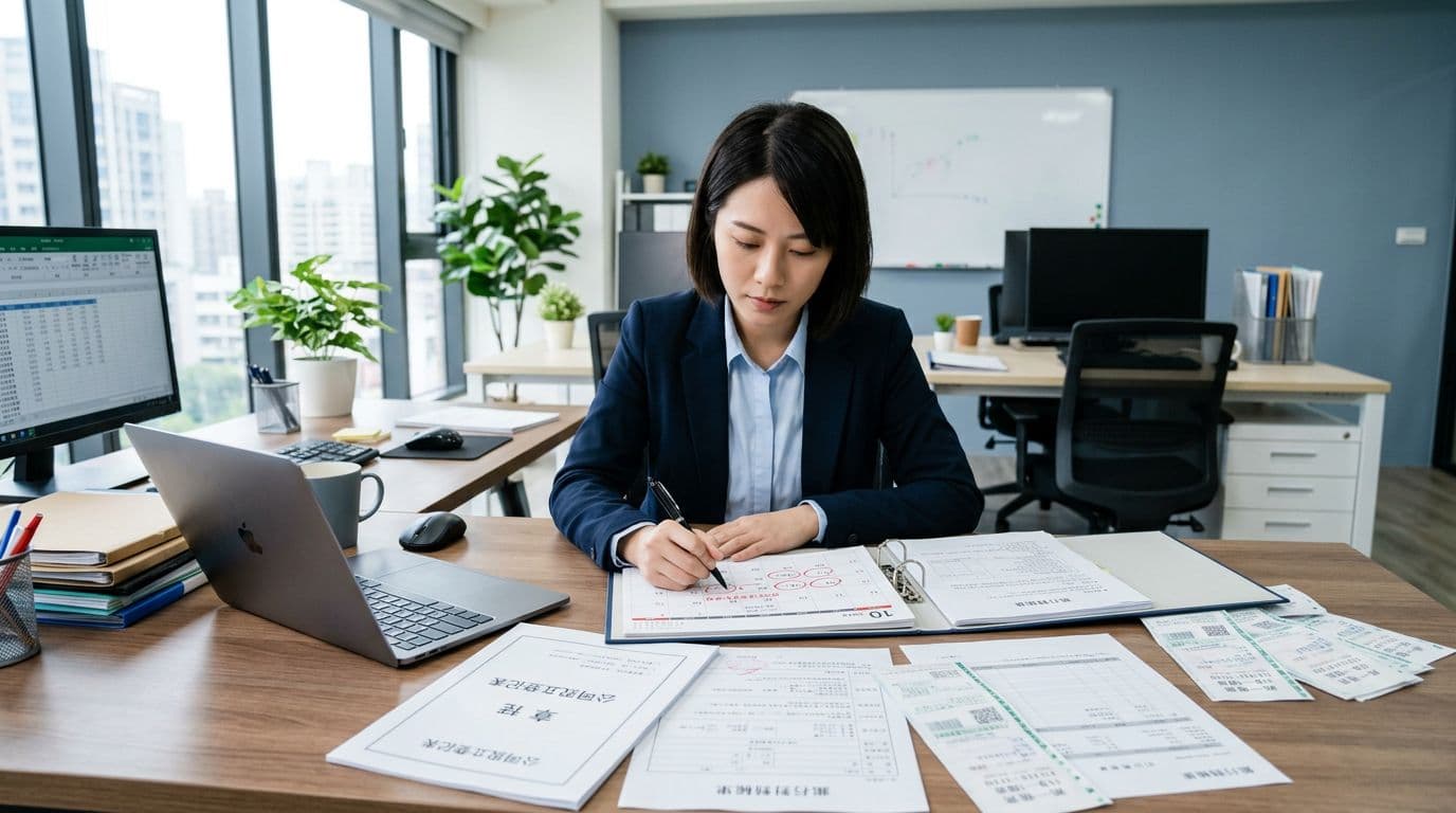 In a modern Taiwanese startup office, a young entrepreneur sits at a desk examining company setup files and a calendar marked with 30-day tax and accounting tasks, surrounded by a computer, invoices, tax forms, and bank statements in clean blue-gray tones with natural light.