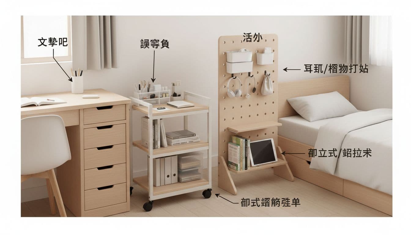 小套房書桌旁推車與床邊洞洞板立架的收納特寫示意圖