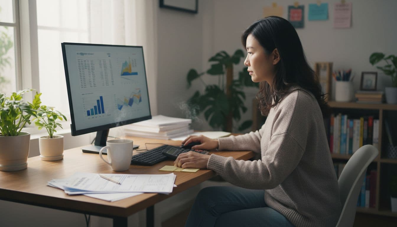 Taiwanese office worker at home desk focuses on computer tax data, coffee and tax forms on table.