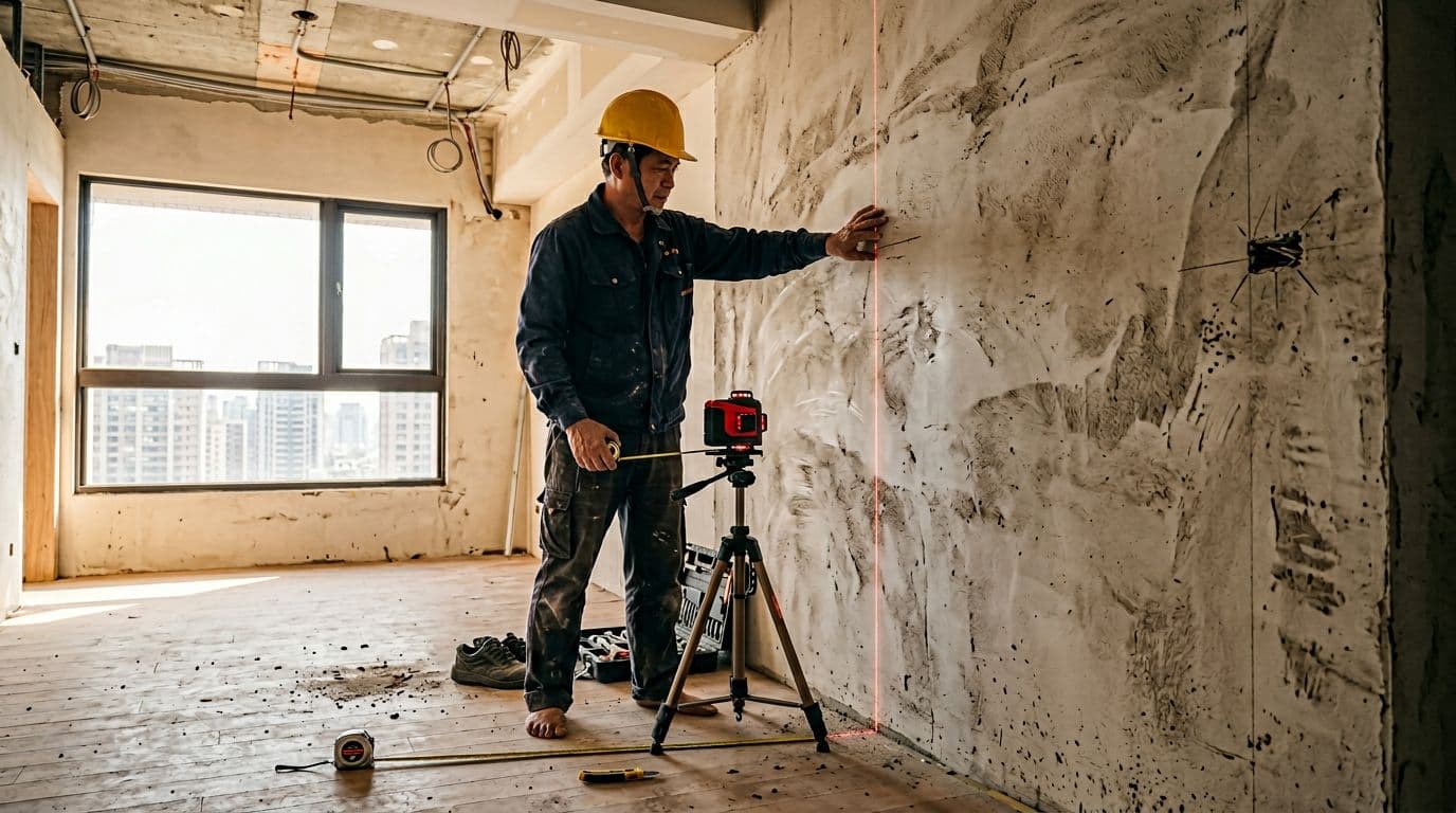 A middle-aged Taiwanese man in a safety helmet and casual work clothes stands in a half-renovated modern apartment living room, using a laser level to verify the verticality of a newly plastered wall, with a tape measure on the dusty floor and natural daylight illuminating the scene.