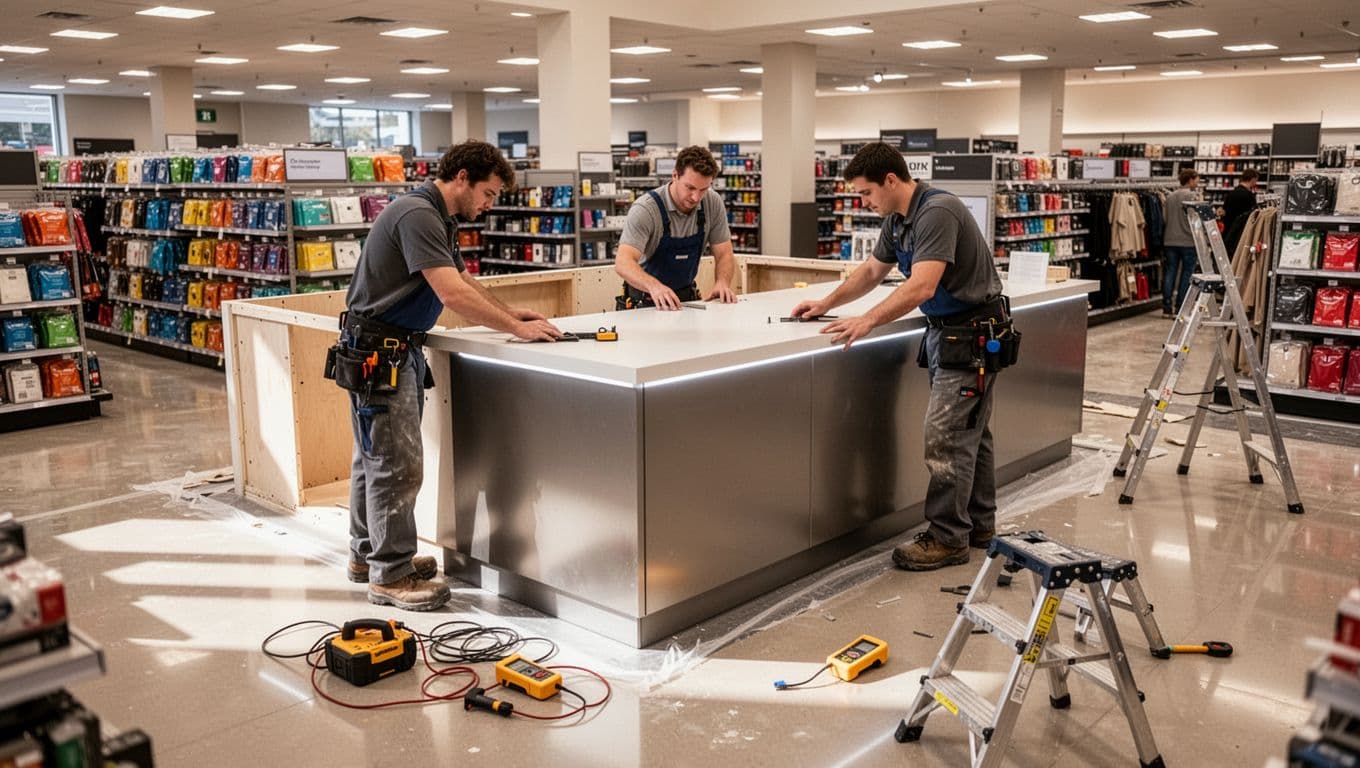 Three Taiwanese renovation workers install luxury counter in department store with tools and ladders on floor.