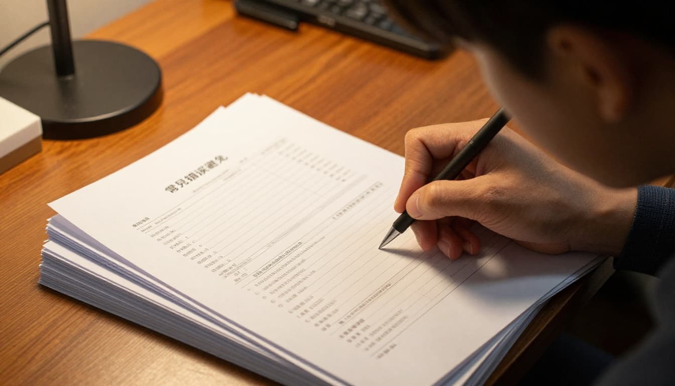 A concentrated young Taiwanese person fills out a loan application form at a desk piled with financial documents like profit and loss statements and balance sheets, in a warm-lit office setting. Realistic photo style emphasizing careful attention to document details.