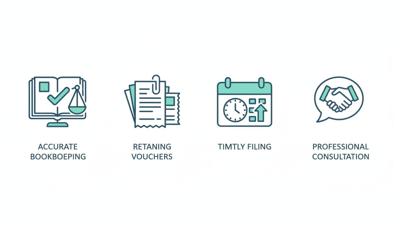 Four clean vector icons in blue-green tones arranged in a row, symbolizing accurate bookkeeping, retaining vouchers, timely declaration, and professional consultation. No text or human figures, fully edge-to-edge design.