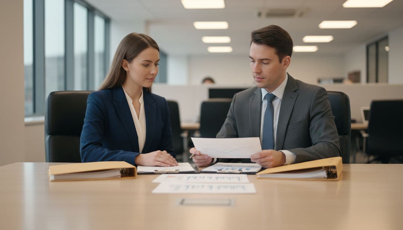 Two professionals in attire sit at a table with folders and documents in soft-lit office.