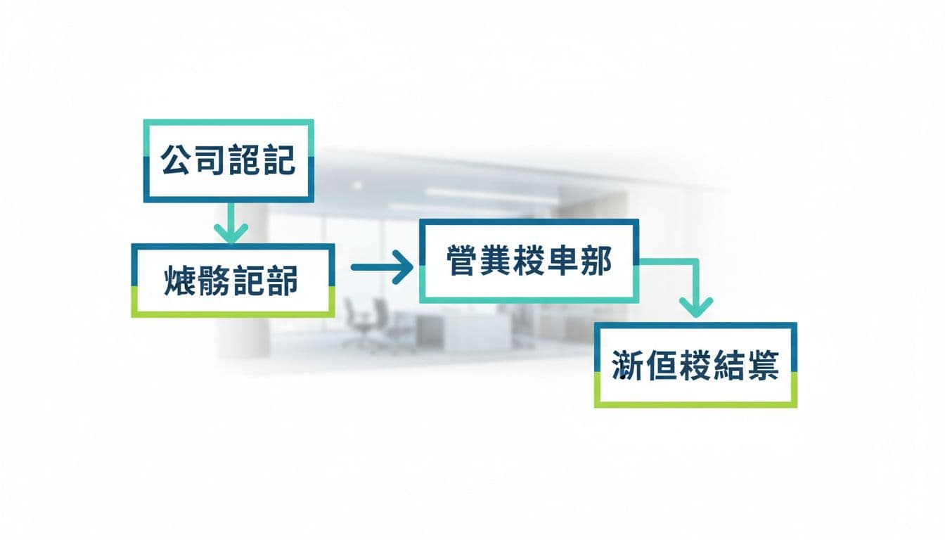 Simple line diagram depicts steps from company registration to income tax settlement in blue-green tones on office background.