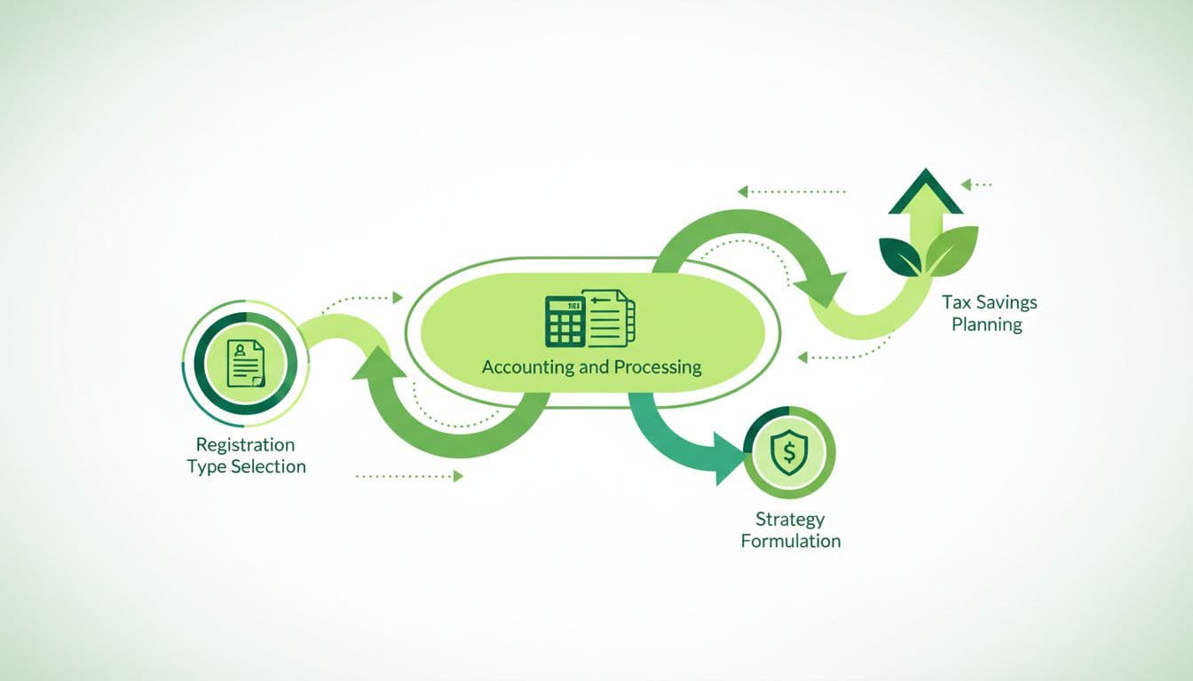 Abstract green arrows connect steps from registration to accounting and tax planning on bright background.